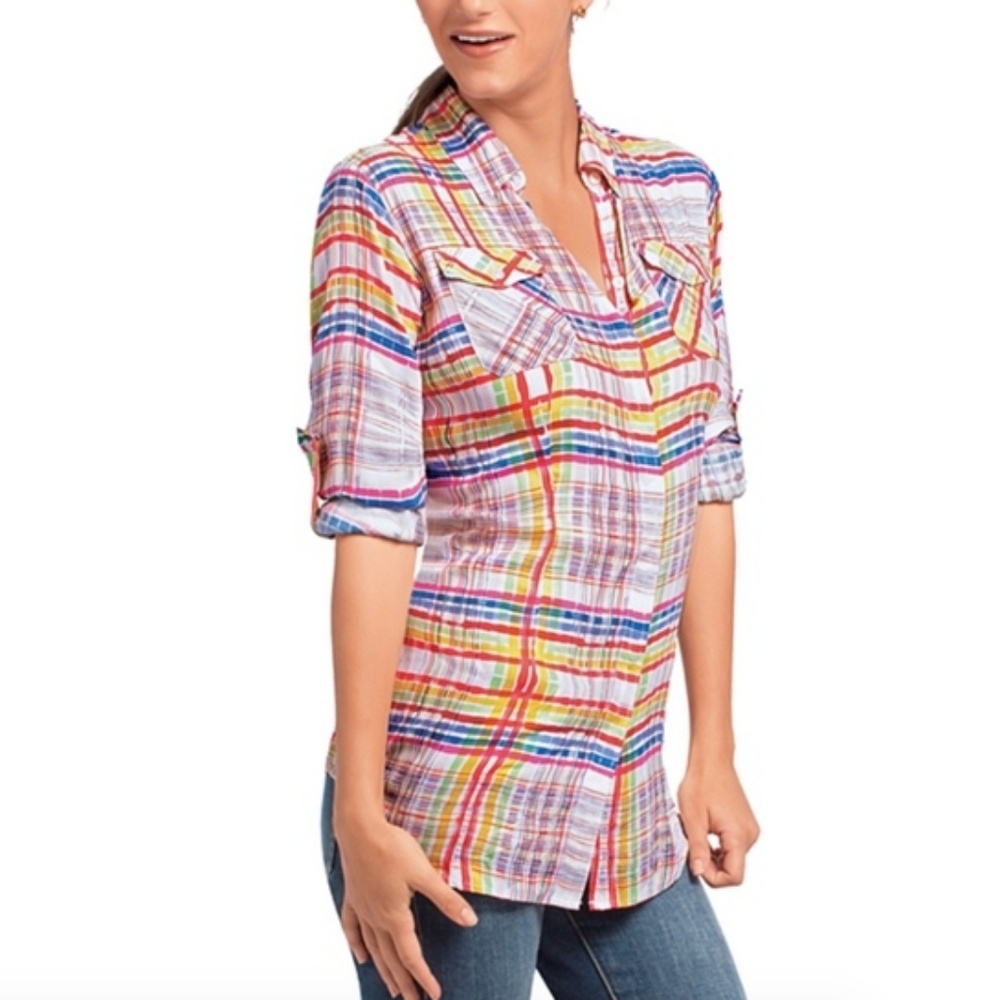 CAbi Plaid Cirque Tunic Button Down Top S